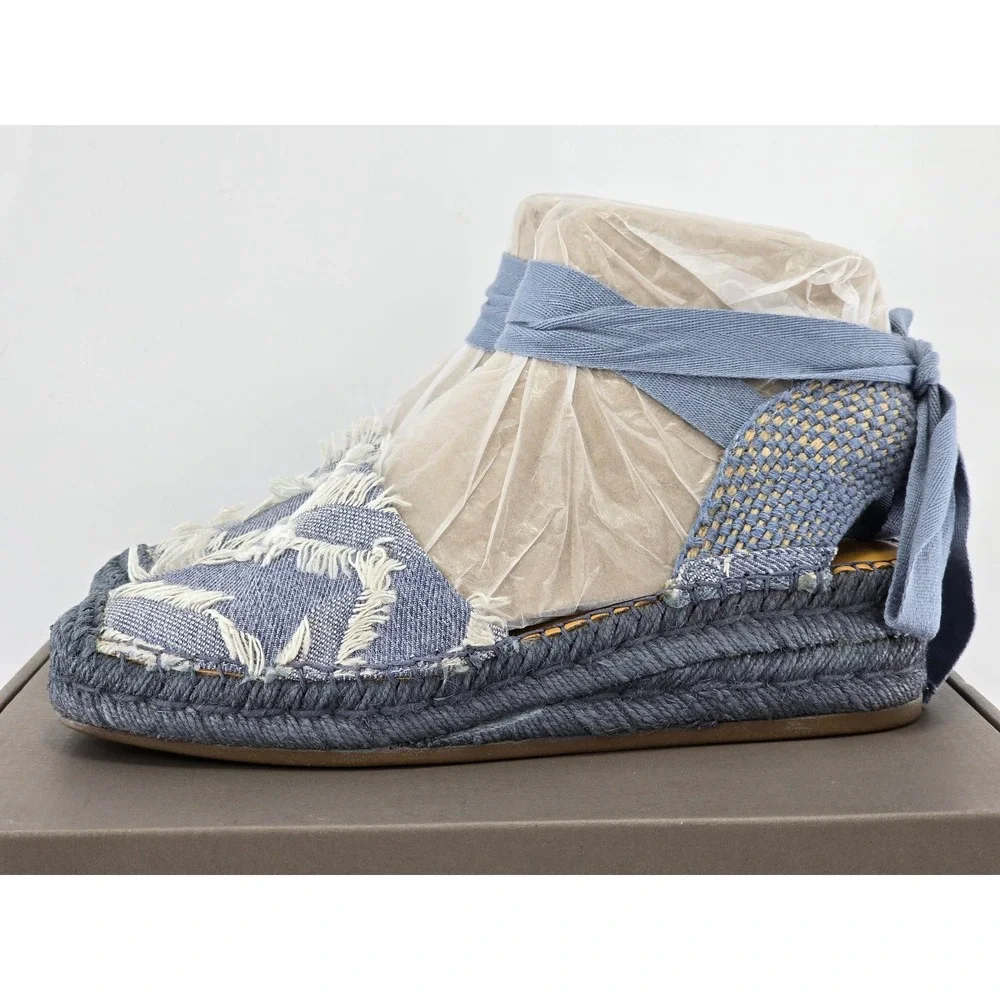 Franco Sarto L-Britney Espadrille Sandals Womens 7.5 Blue Denim Wedge Tie -New